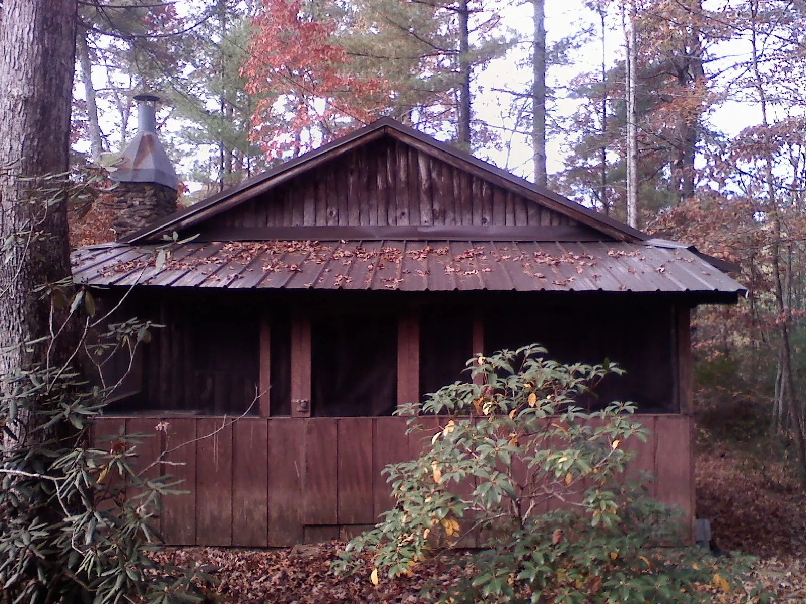 Metal roof over the screened porch of a rustic cabin in Orleans
